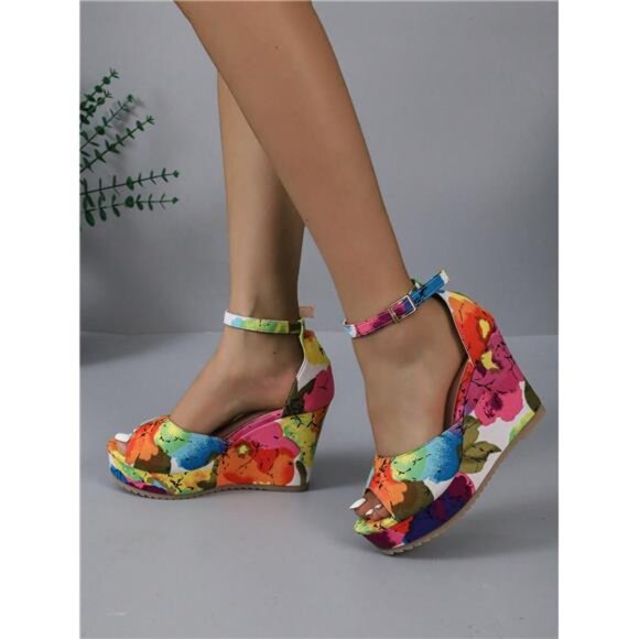 BRAND NEW New Floral Retro Print Fashion Thick Bottom Wedge Heel - Picture 3 of 6